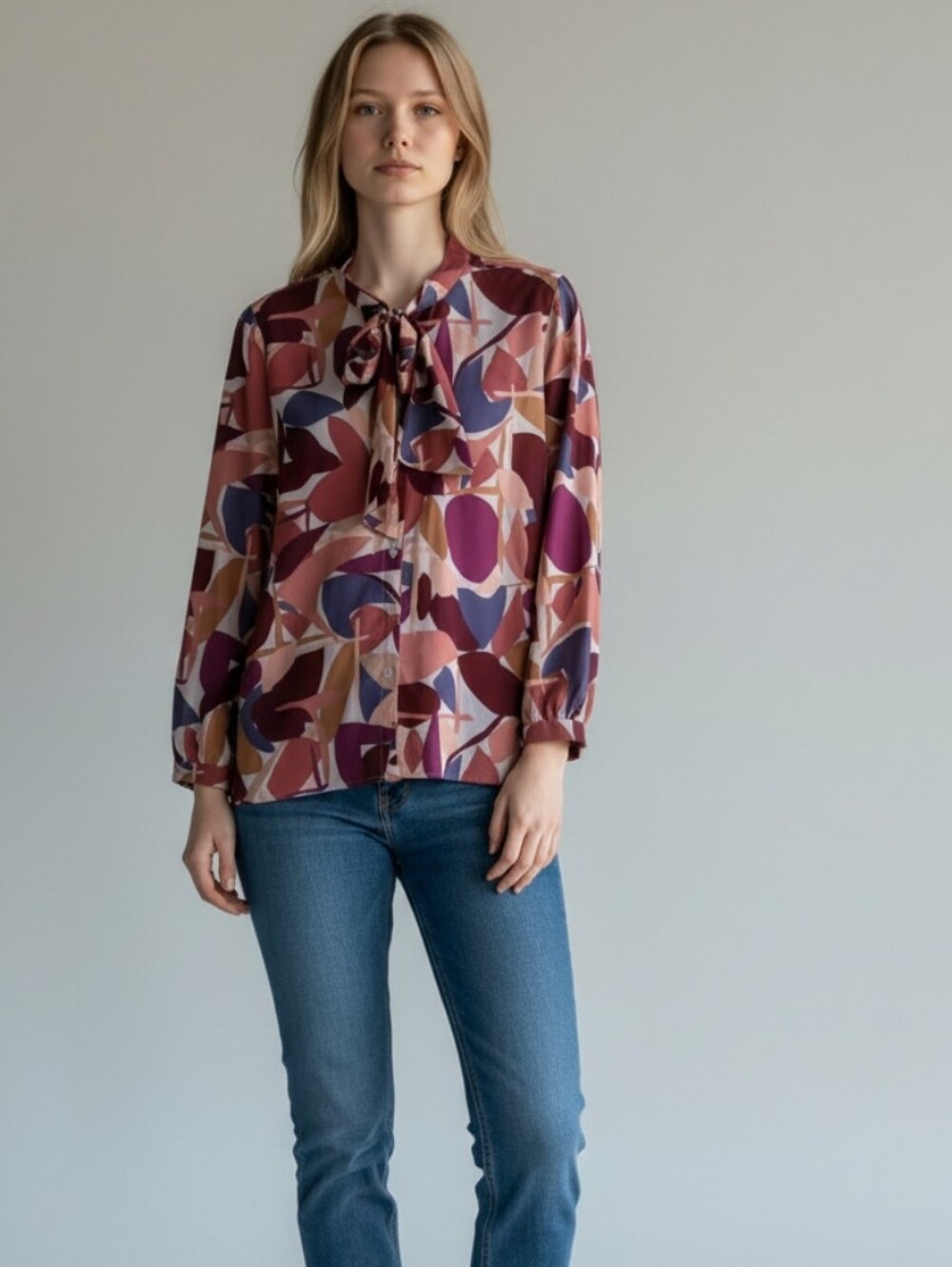 Eloquii Abstract Tie-Neck Blouse in Burgundy Pink Multicolor Blouse Size24